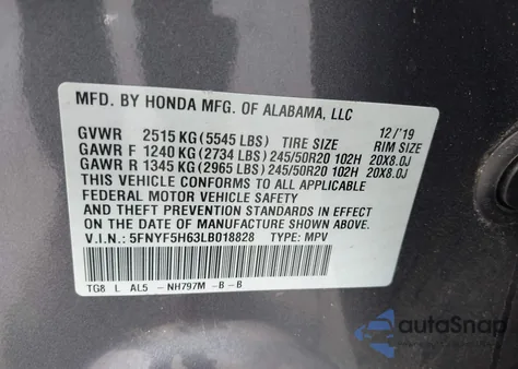 2020 Honda Pilot 2Wd Touring 7 Passenger from USA, damaged, VIN 5FNYF5H63LB018828